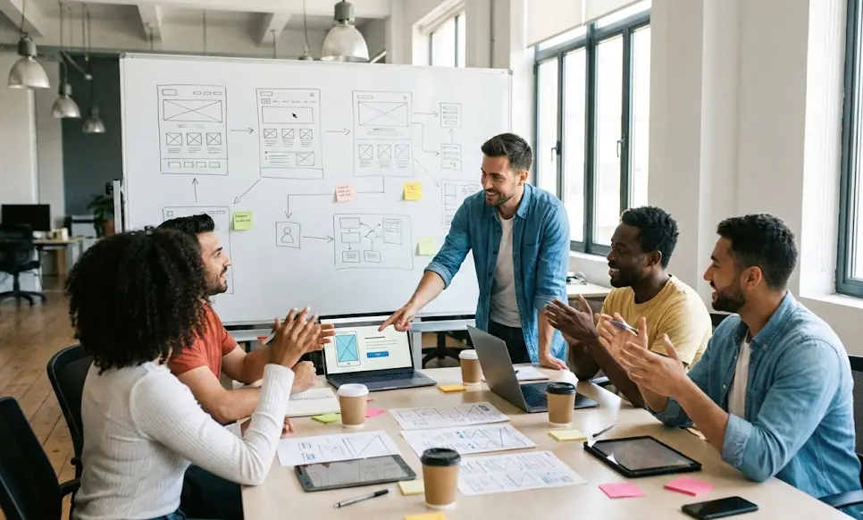 스타트업 팀이 홈페이지 기획을 논의하는 모습